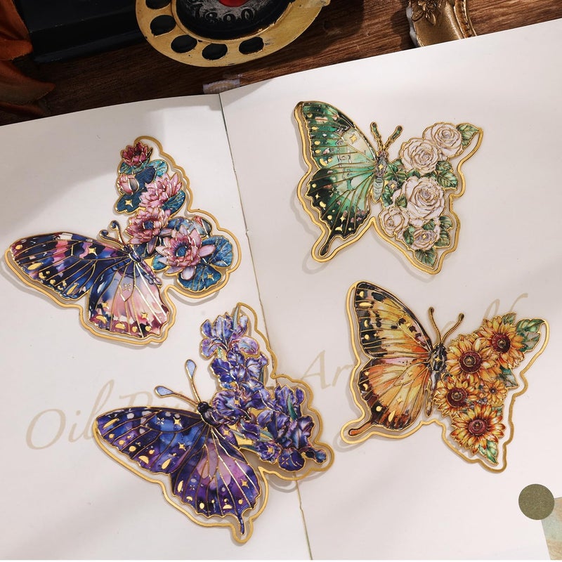 PAGEMORE 4 Pieces Metal Butterfly Bookmarks  Golden Clips Bookmark Oil Painting Theme Book Mark Bookmarks for Book Lovers Women Writers Readers Children Teens - Image 1